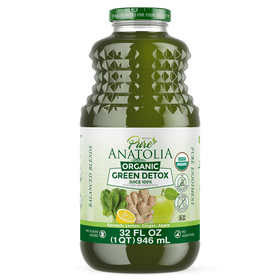 Pure Anatolia Organic Green Detox Juice Spinach, Apple, Ginger, Lemon , 32 Fl Oz Glass Bottle