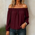 thumbnail image 2 of Tqcoqu Women's Off Shoulder Long Sleeve Cotton Linen Blouse, Elastic Ruffle Neckline Puff Sleeve Casual Solid Top, 2 of 7