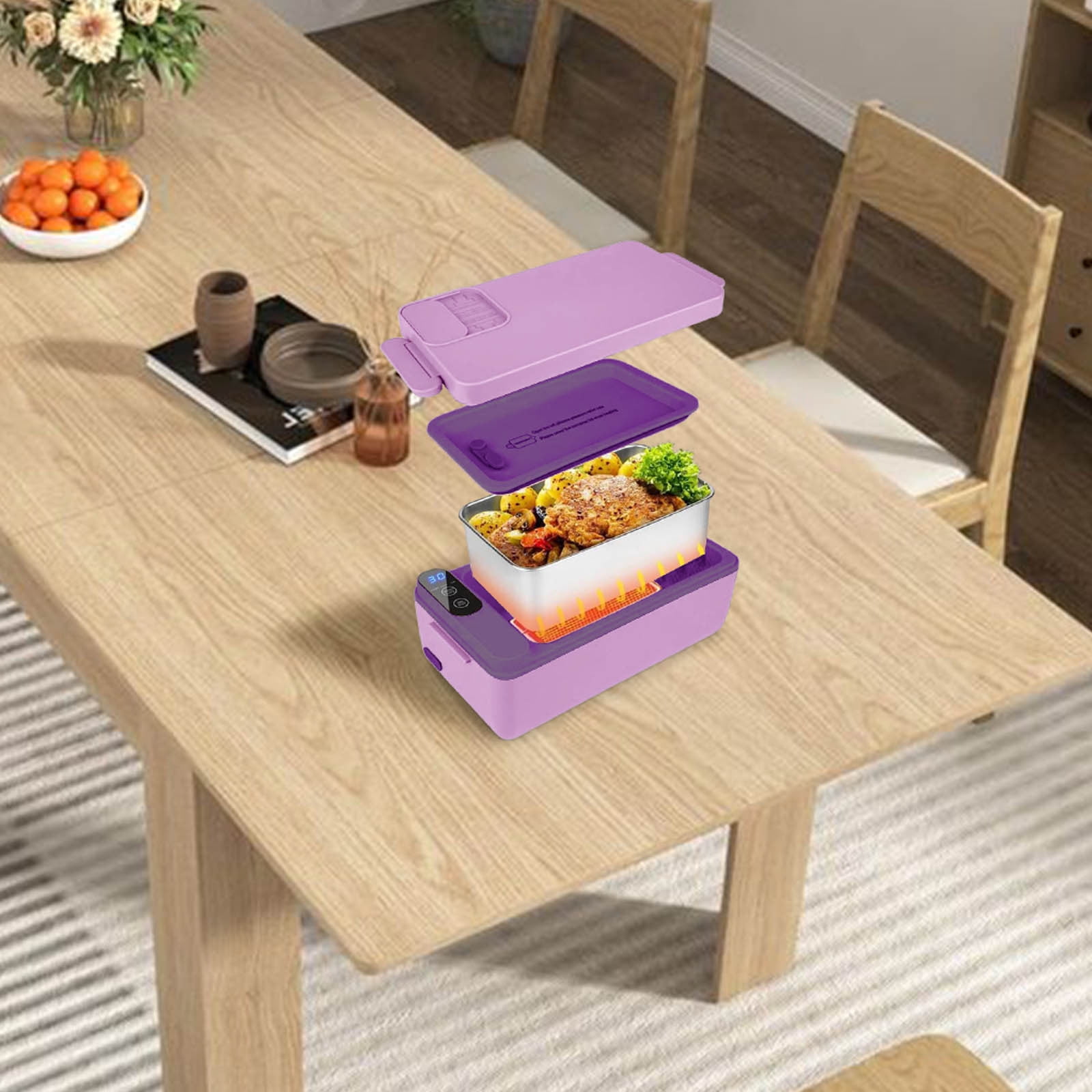 Rechargeable Heated Lunch Box, 1000Ml/33.8Oz Inner Container, Usb Charging, 12000 Mah Battery, Heat Preservation, Stainless Steel, for Car/Truck, Office, Travel (Purple)