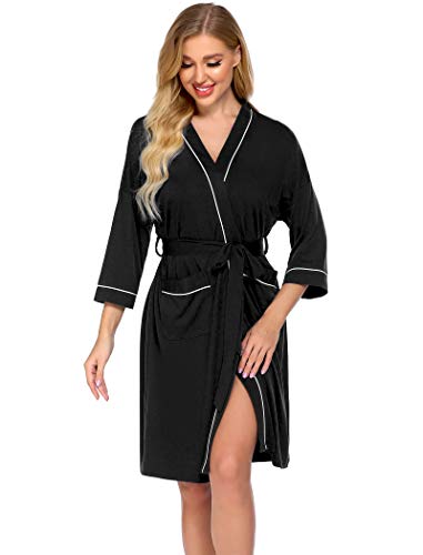 Ekouaer Womens Robe Knee Length Cotton Kimono Bathrobes Lightweight Robe Female Loungewear Soft House Sleepwear S-XXL