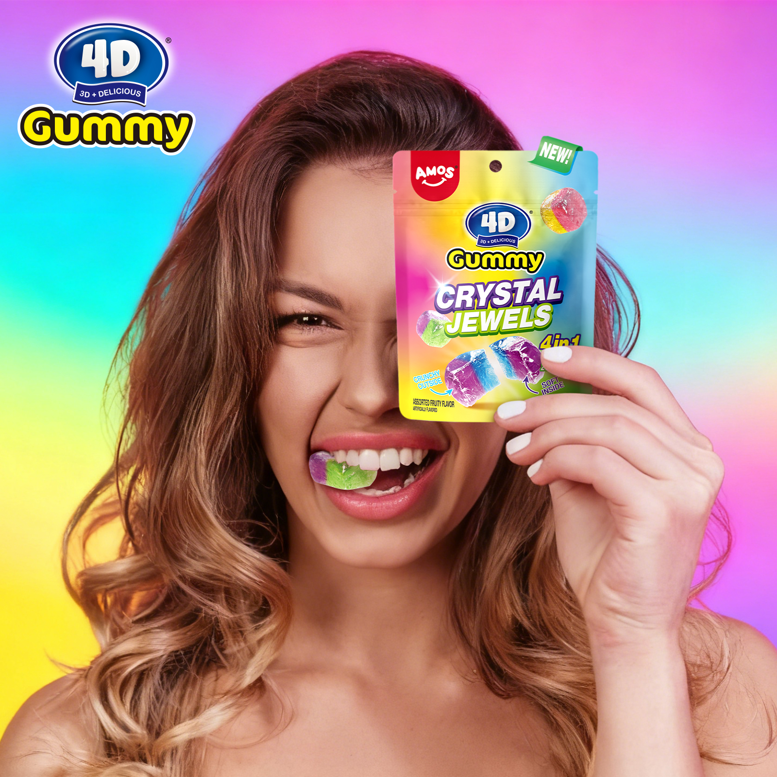 Amos 4D Gummy Candy, Assorted Flavor Candy Crystal Gummy 4 in 1, Fat-Free 3.53 oz(1 Pack)
