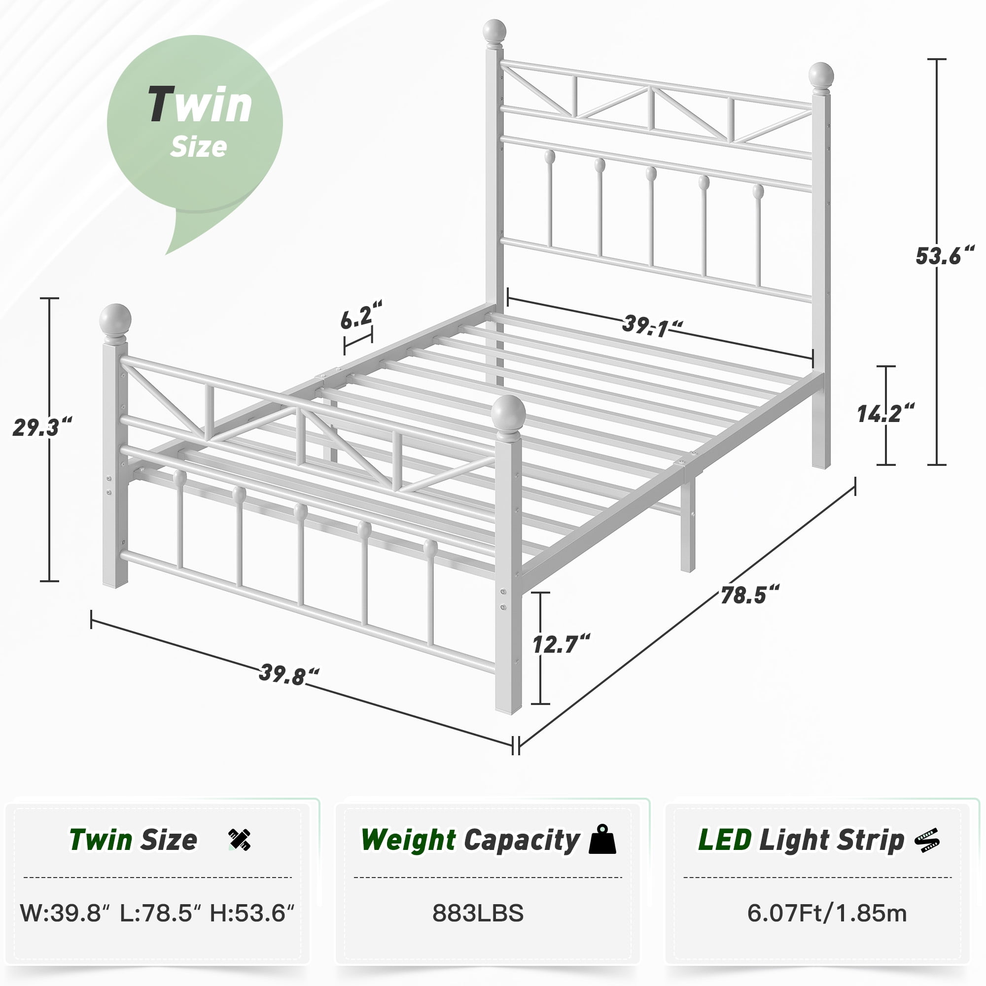EnHomee Twin Size Metal Platform Bed Frame Metal Bed Frame Twin with Headboard & Footboard Bed Frame with LED Lights & Storage, Noise Free, White