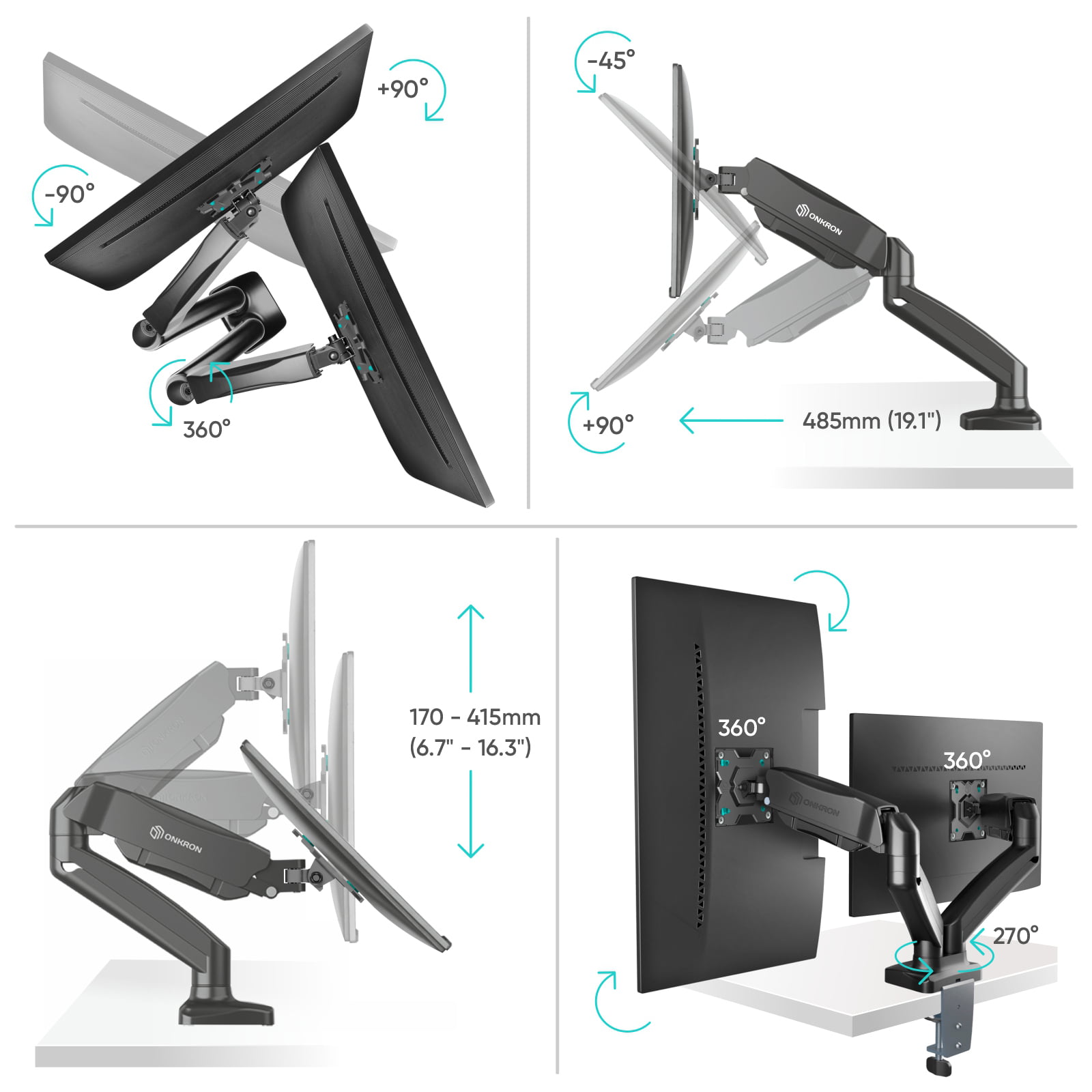 ONKRON Dual Monitor Arm for 13-32 inch Screens up to 17.6 lbs Each - Monitor  Mounts for 2 Monitors - Dual Computer Monitor Stand for Desk, VESA 75x75  100x100, Adjustable Gas Spring