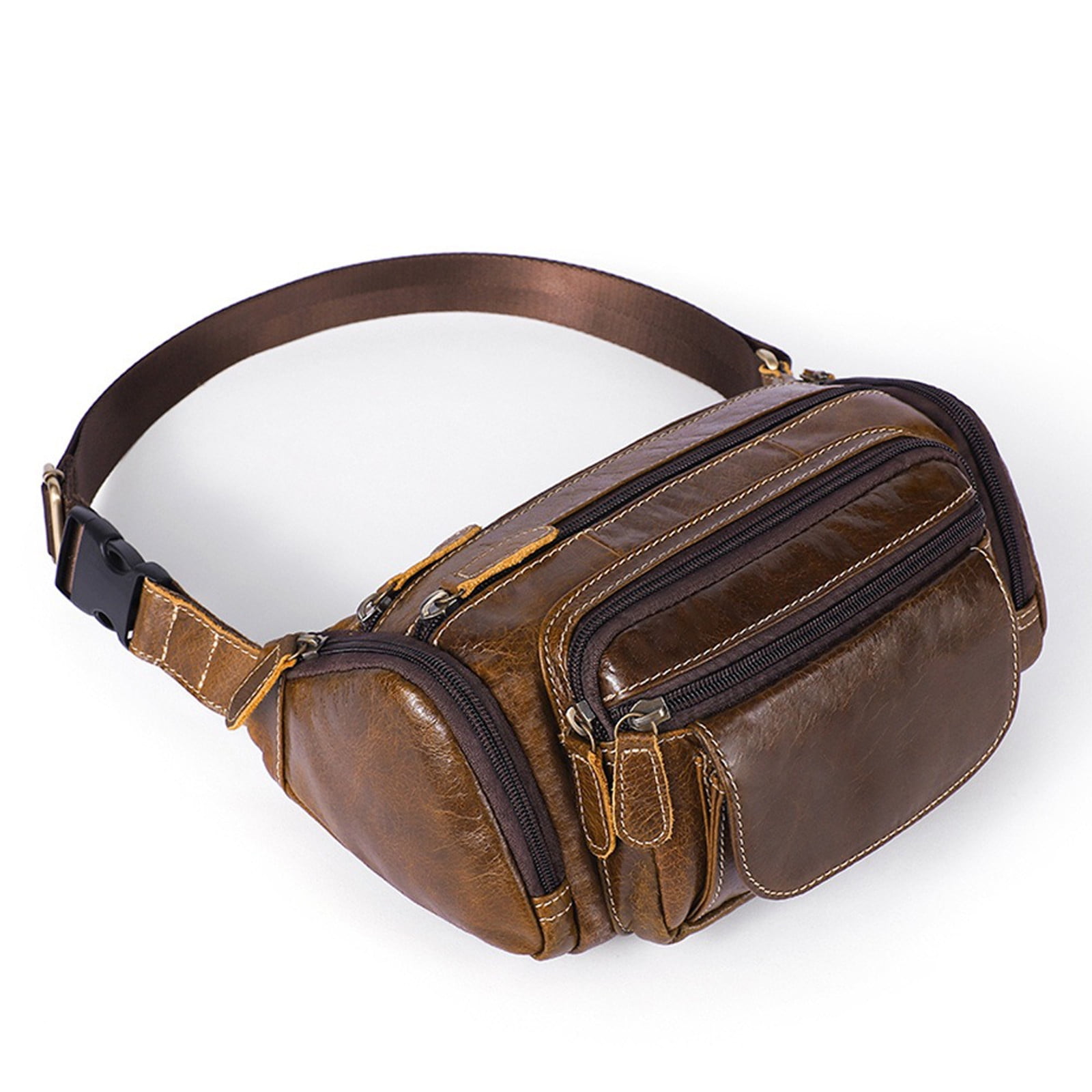 Men’s Genuine Leather Fanny Pack Multi-Pocket Waist Bag with Adjustable Strap and Metal Zipper – Oil Coffee, Dark Coffee, Brown