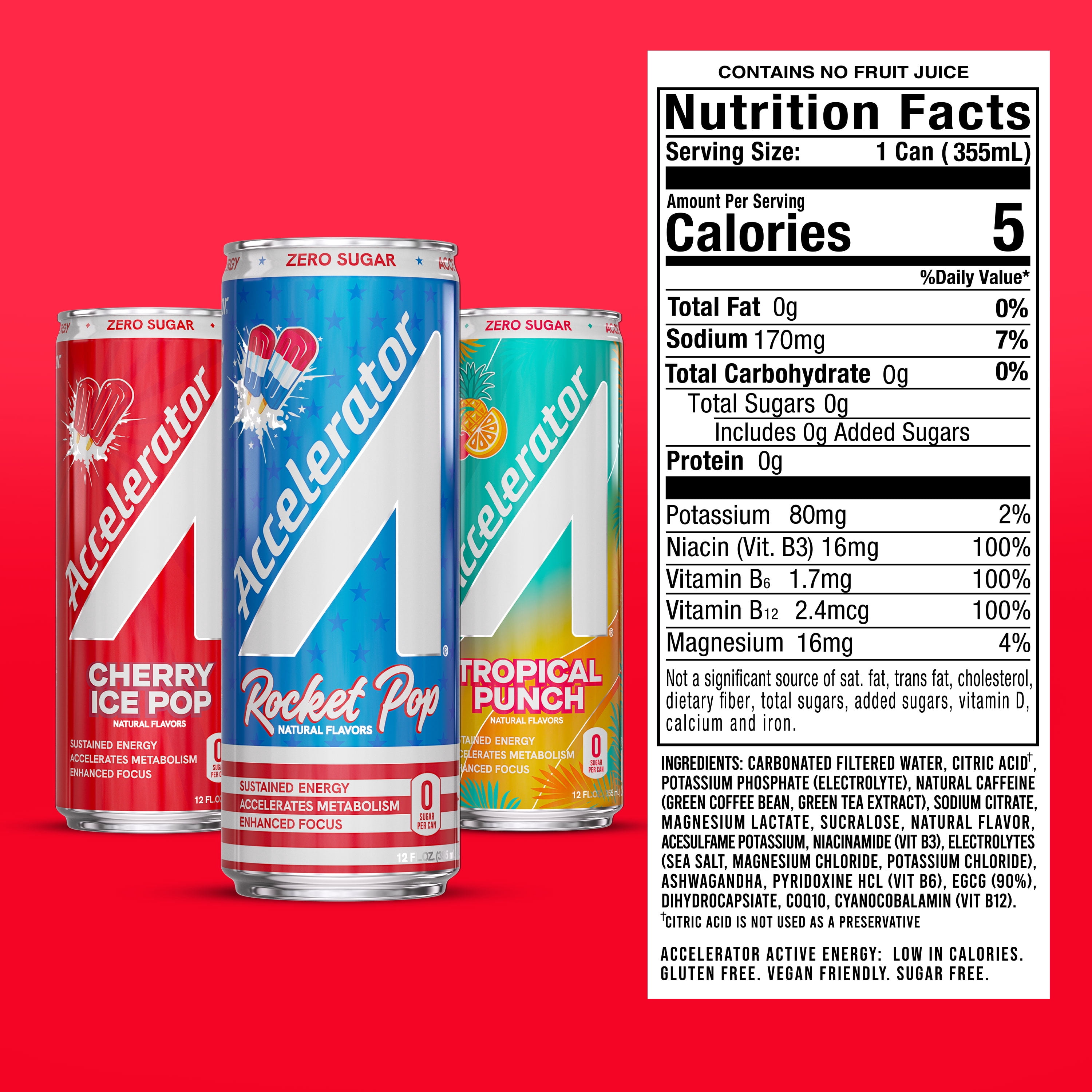 Accelerator Energy Drink, Variety Pack 12 fl oz can (12 pack), Zero Sugar, Sustained Energy from 100% Natural Caffeine (200mg from Green Coffee Bean & Green Tea extract)
