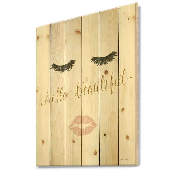 Designart 'Fashion Glam Quote Lips on Gold I' Posh & Luxe Print on Natural Pine Wood