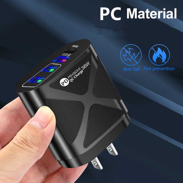 Cargador de pared rápido para teléfono de carga rápida 36W PD USB-C QC3.0 Adaptador de carga rápida doble 4 enchufes