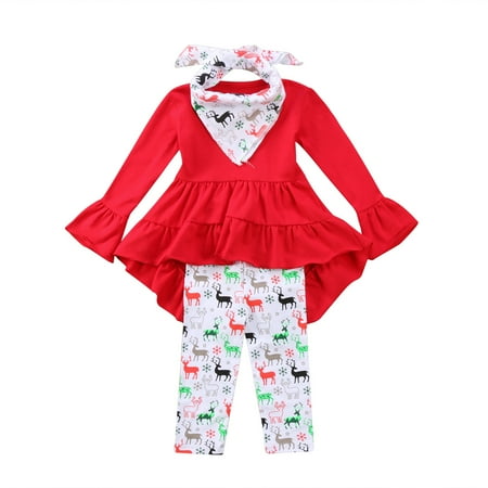 

Citgeett Little Girls 3PCS Outfit Set Long Sleeve Ruffle Irregular Hem Round Neck Top Long Reindeer Pant Triangle Bib Set