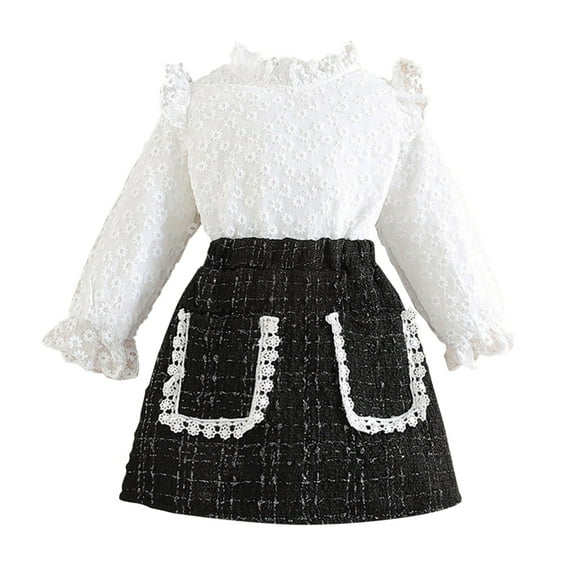 Mercatoo Toddler Little Girl Skirt Outfits Ruffle Sleeve Lace Tops Mini Plaids Skirt Girls 1 to 6 Year Autumn Clothes Set