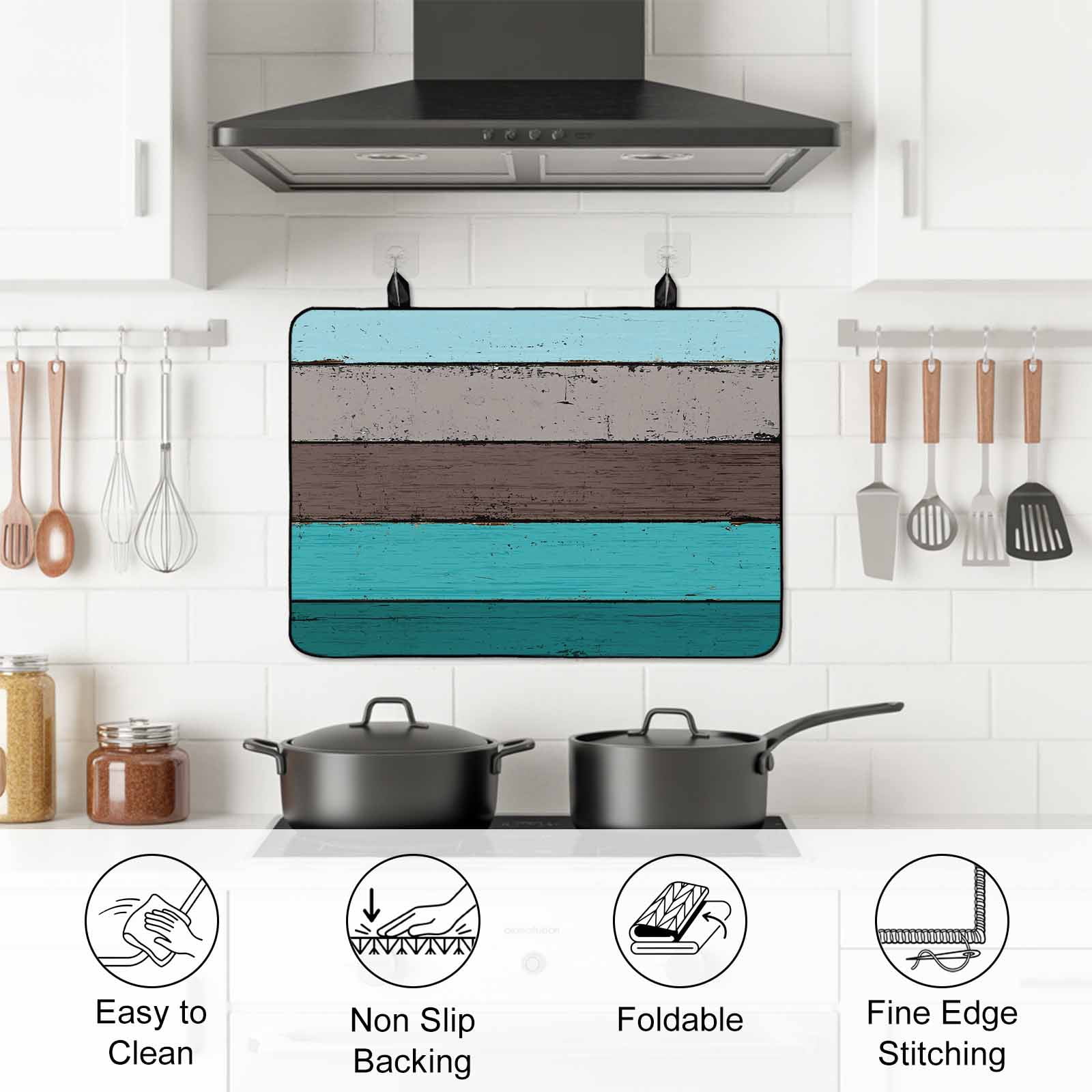 Aqua Grey Stove Top Cover for Electric Stove, Heat-proof & Non Slip Glass Top Stove Cover Protector, Vintage Stripe Farmhouse Wood Grain Ombre Kitchen Flat Cooktop Rubber Mat 31x24 Inches