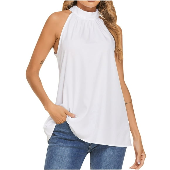 Timegard Tank Tops for Women Back Button High Neck Ruched Sleeveless Lightweight Casual Loose Tops