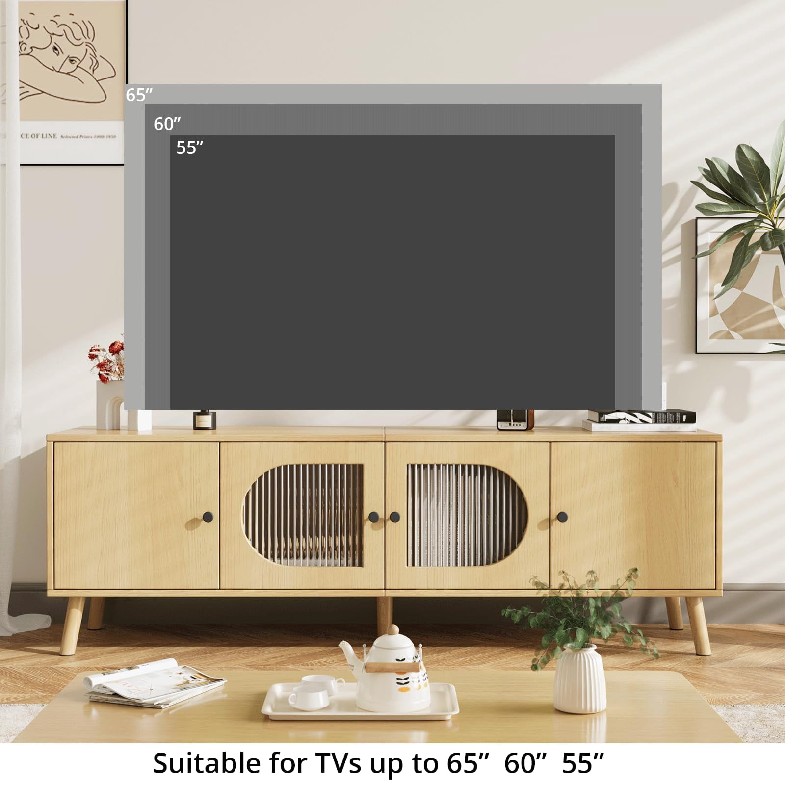 Richya TV Stand for 55/60/65 inches TV, Wood Media TV Cabinet with Glass Doors, Entertainment Center with Storage for Living Room, Bedroom, Oak