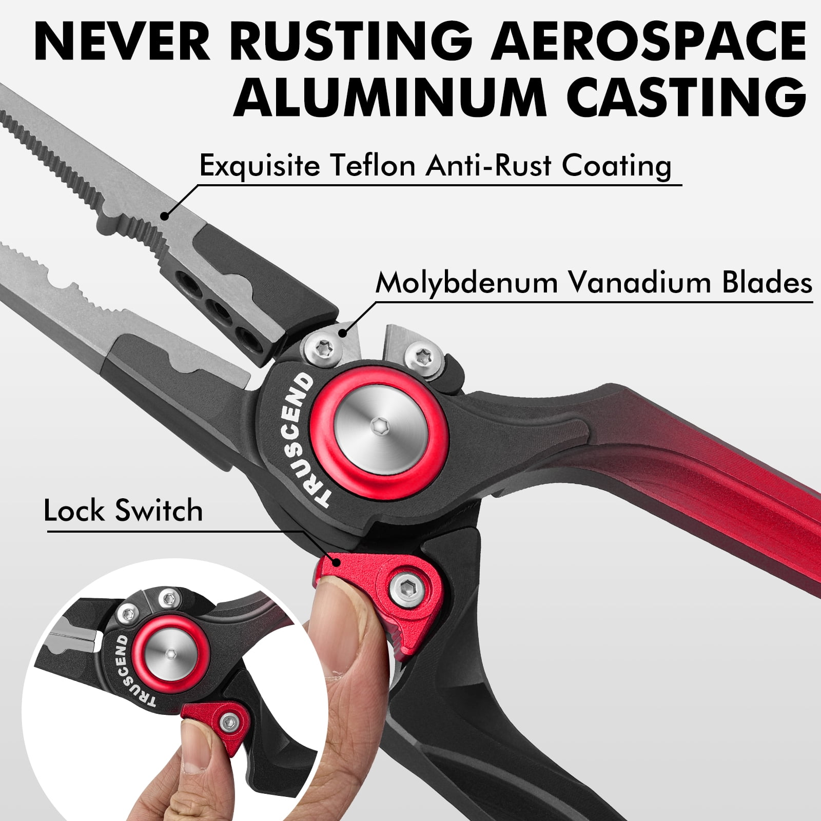 TRUSCEND Fishing Pliers, Lockable Handy Fishing Gear with Innovative Ergonomical Handle, Corrosion Saltwater Resistant Teflon Coated Fishing Tool, Multi-Function Fishing Plier with Mo-V Cutter