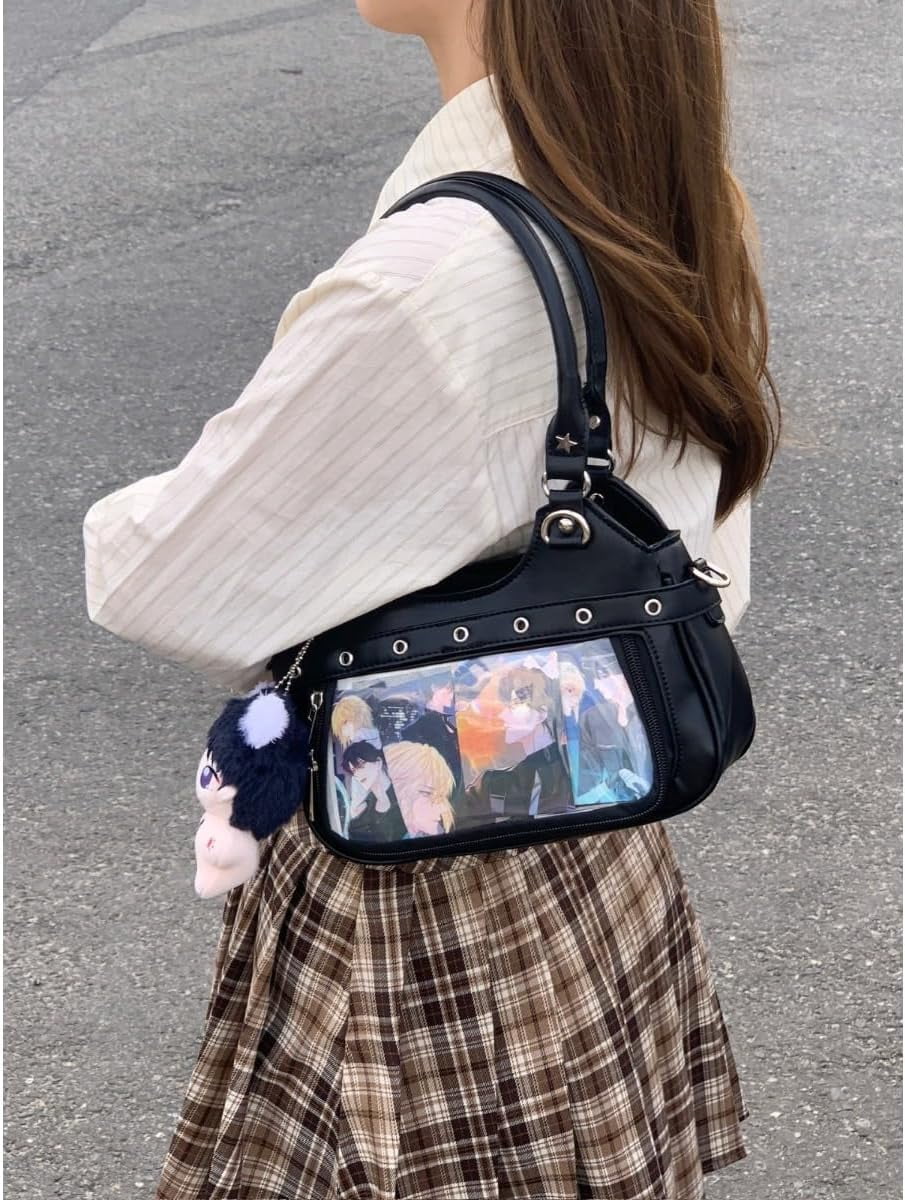 SPEKSEE Anime Ita Bag PU Leather Shoulder Bag with Display Window, Studded Handbag with Adjustable Strap