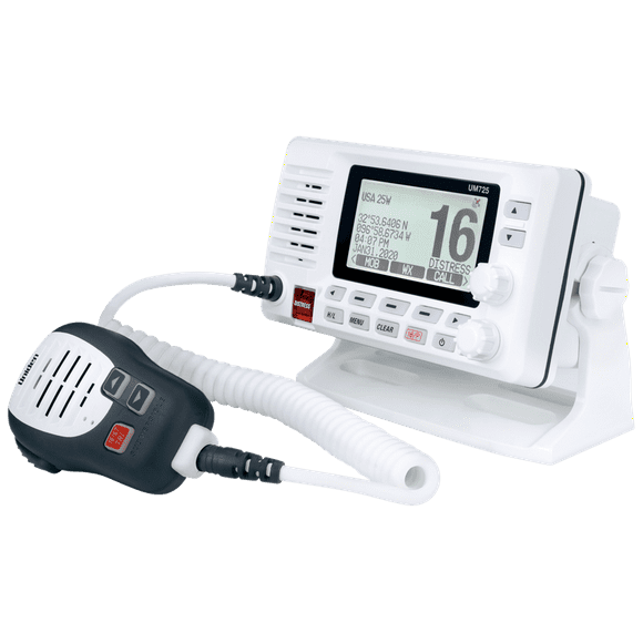 Uniden America VHF Radio UM725G Fixed Mount; United States/Canadian/International Channels; 1/25 Watt; 10 NOAA Weather Channels With Alert; With GPS Capability; LCD Display; White Housing
