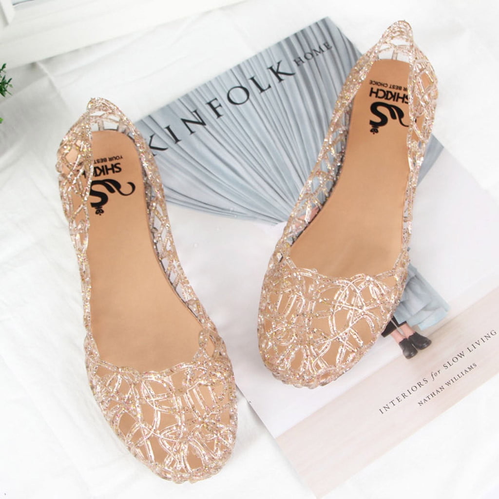 Womens Crystal Shoes Jelly Hollow Sandals Flat Beach Travel Summer Pull On Flats