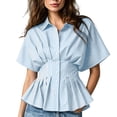 thumbnail image 2 of TGSLY Women's Peplum Striped Shirts Lightweight Thin Collared Button Down Blouses Dressy Casual Batwing Short Sleeve Pleated Waist Tops XL, 2 of 6