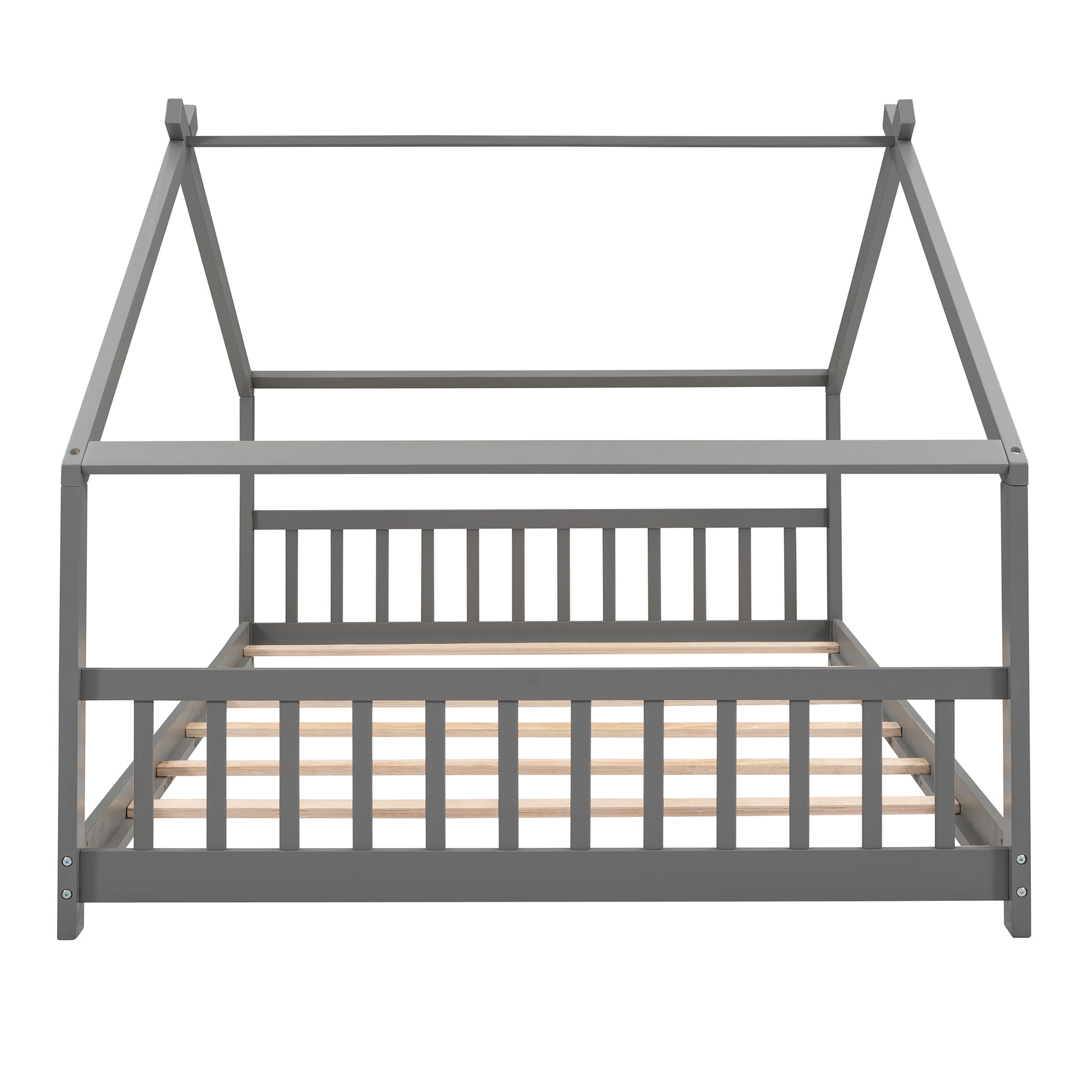 Leumius Full Size Wood House Bed for Kids,Montessori Floor Bed Frame with Headboard and Footboard,Playhouse Bed for Girls Boys(Full, Gray)