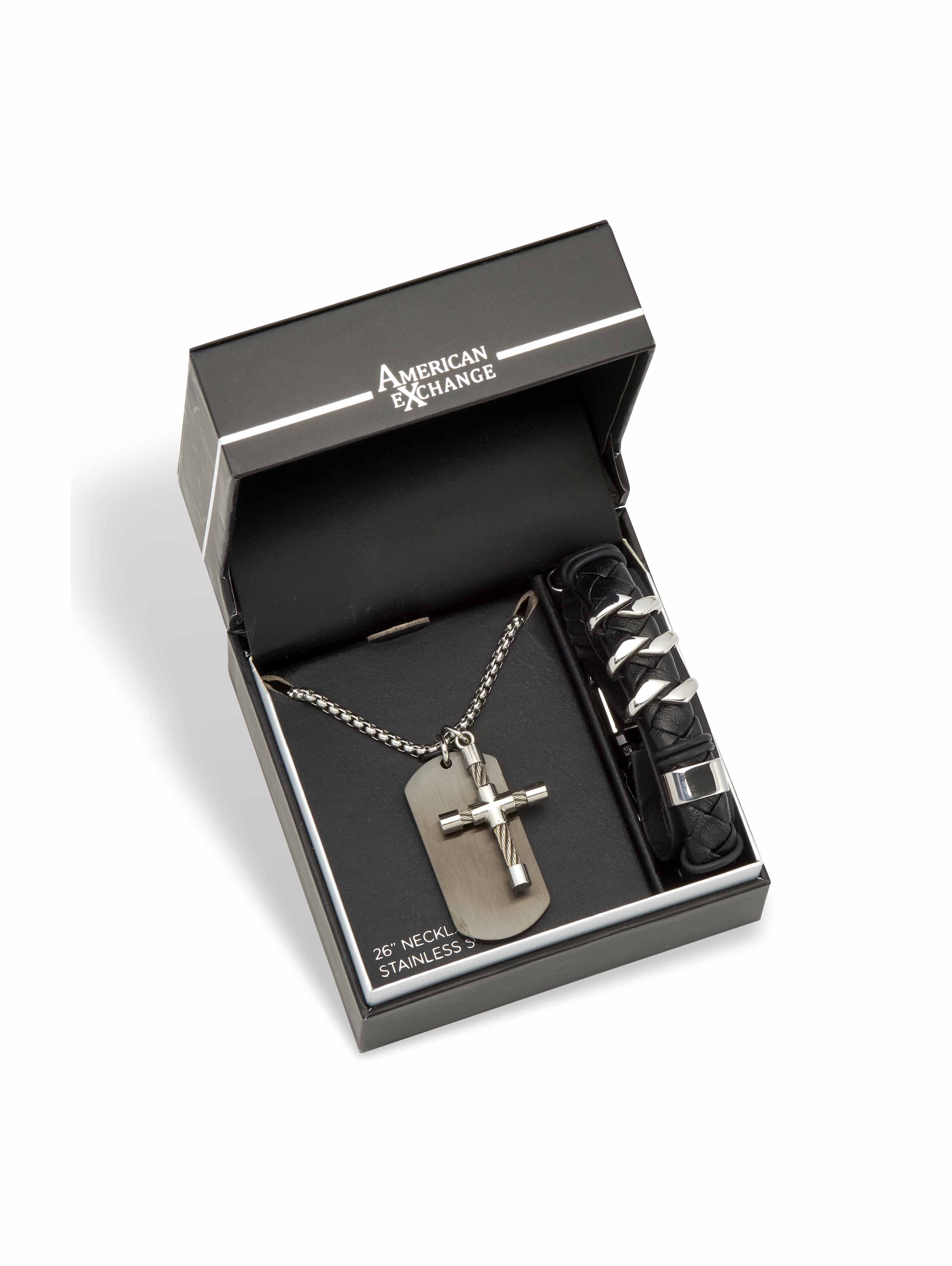 アクセサリー antidotebuyersclub ngravedCrossPendant American Exchange Men's Round Crystal Matte Stainless Steel