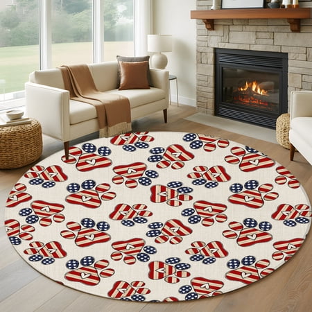 Paw Prints 8FT Round Area Rugs for Living Room Stars American Flag 4th of July Rustic Ultra-Thin Non-Slip Round Rugs Machine Washable Low Pile Circle Carpet for Bedroom Kitchen Nursery