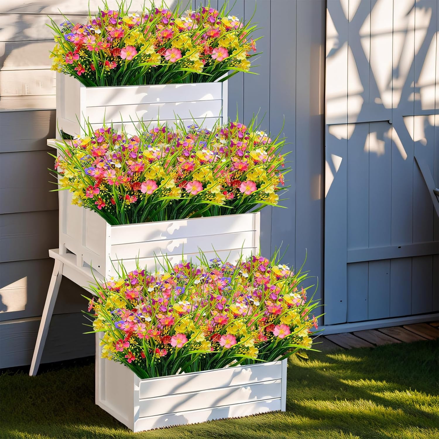 12 Bundles Artificial Flowers for Outdoor: UV Resistant Faux Silk Wildflowers Daisy, Colorful Plastic Fake Plants