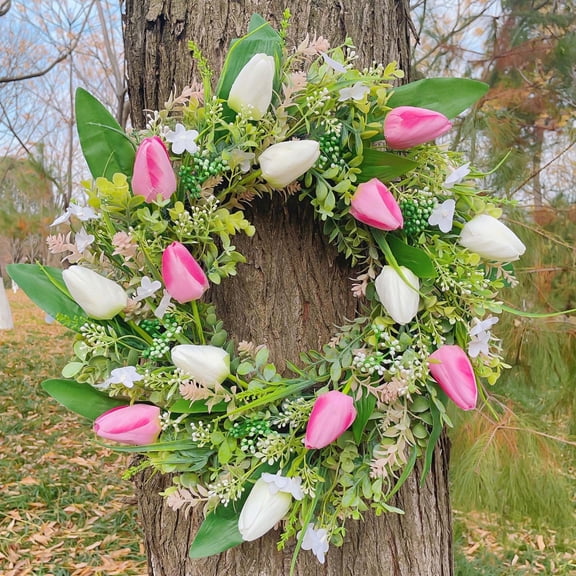 Spring Summer Front Door Wreath, Artificial Tulip Flower Garland with Greenery Leaves, Indoor Outdoor Porch Decoration for Home, Wedding, Birthday, Party, Firep , Window, Wall Hanging Decor
