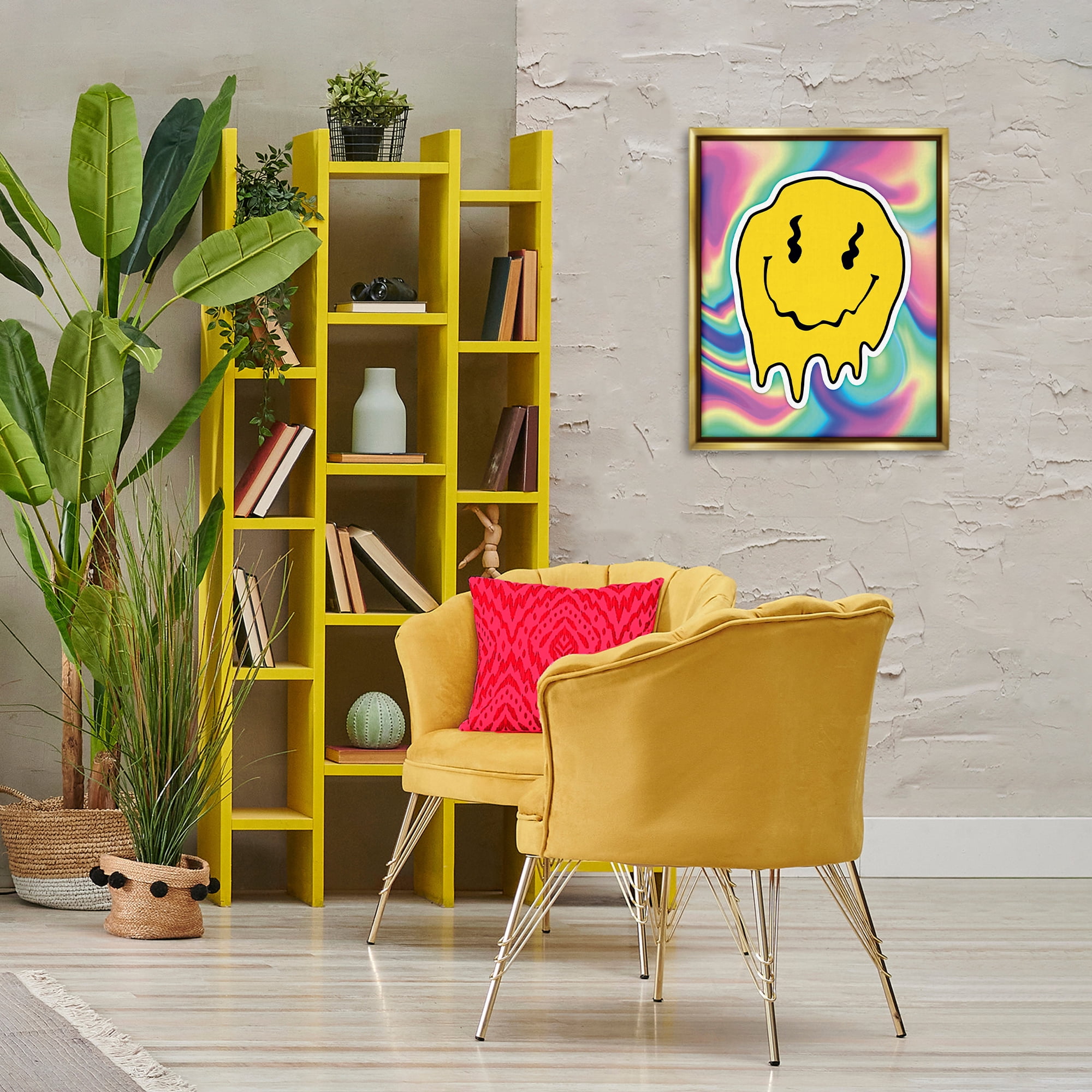 Stupell Industries Abstract Melting Smiley Abstract Painting Gold Floater Framed Canvas Art Print Wall Art, 17 x 21