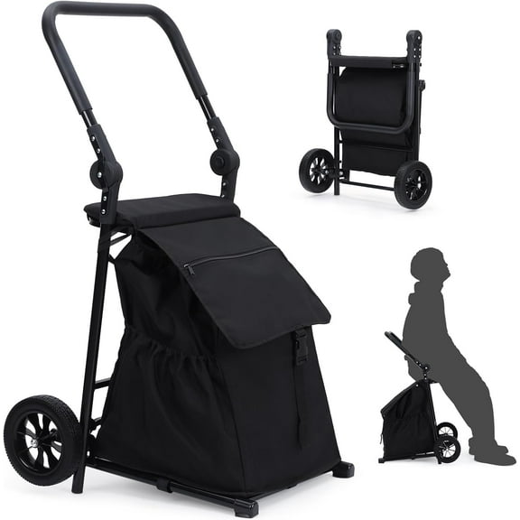 2 in 1 Foldable Shopping Cart, Grocery Cart with Seat, 2 Wheels Grocery Cart with 123 L Large Capacity Waterproof Bag, Portable Trolley Dolly Utility Cart, Black, 132 LBS Load Capacity