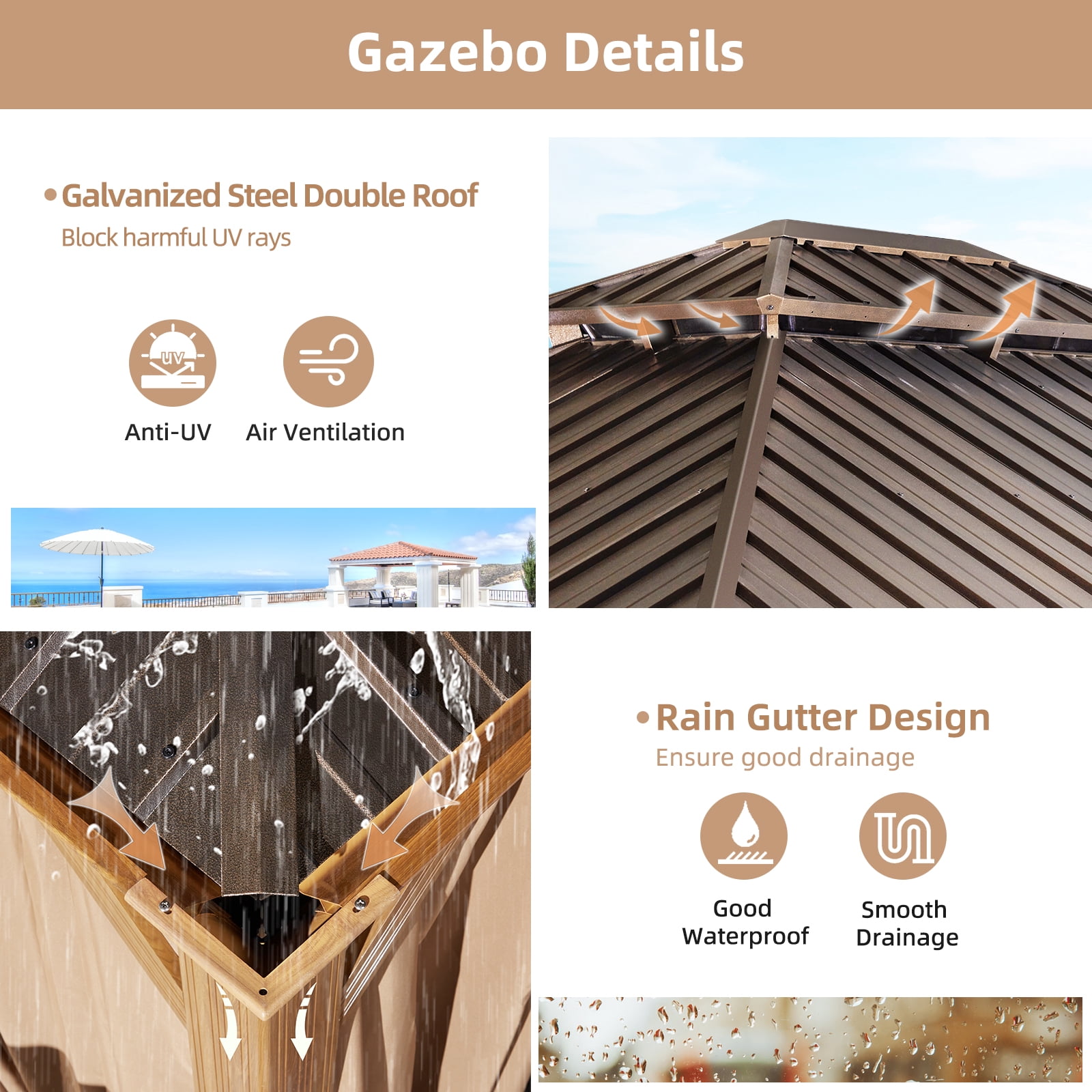 Hommow 10'x12' Hardtop Gazebo,Aluminum Frame Gazebo with Galvanized Steel Double Roof for Patios,Gardens,Lawns