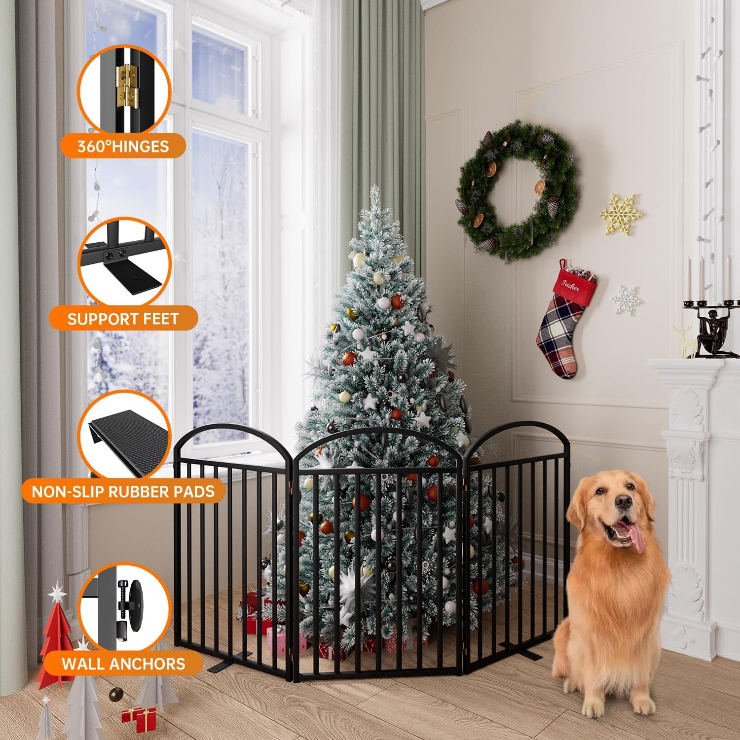 4 Panels Full Matel Freestanding Dog Gates with Door, 96"Extra Wide 32"Tall Free Standing Dog Pet Gate for Indoor & Outdoor. Foldable Pet Fences for Doorways, House, Stairs, Porch, Deck, Yard