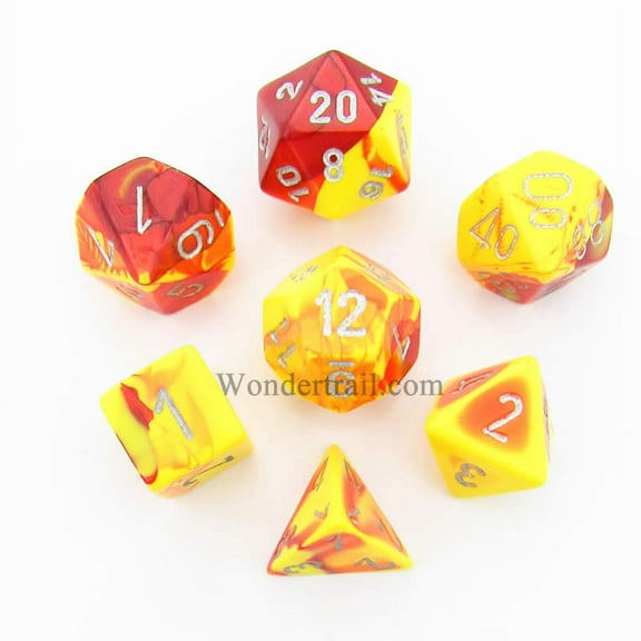 Red and Yellow Gemini Dice with Silver Numbers 7 Dice Set 16mm (5/8in) Chessex