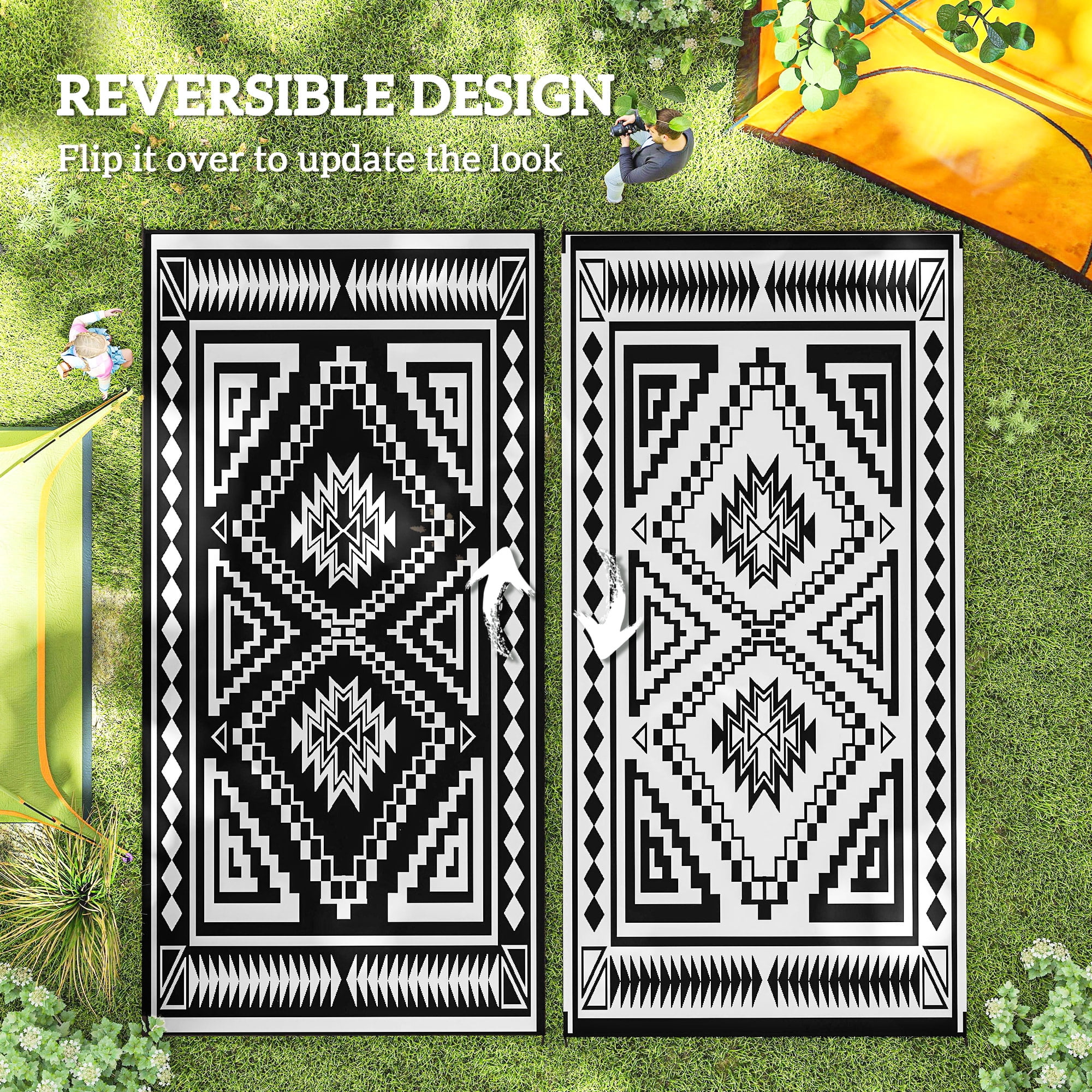 Outsunny Outdoor Patio Rug, Large Camping Carpet with Carrying Bag, 9' x 18' Waterproof Plastic Straw, Reversible, Black & White Square Patchwork