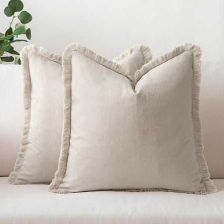 

MIULEE Throw Pillow Covers 16x16 Set of 2 Beige Pillow Covers with Fringe Chic Cotton Decorative Pillows Square Cushion Covers Farmhouse Boho Decor for Sofa Couch Bed Living Room