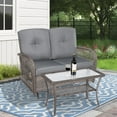 thumbnail image 4 of MEETWARM Outdoor Wicker Patio Glider Set, Loveseat for 2 Person Porch Furniture Glider with Glass-Top Coffee Table, Patio Glider Rocking Bench with Thickened Cushions, Gray, 4 of 7