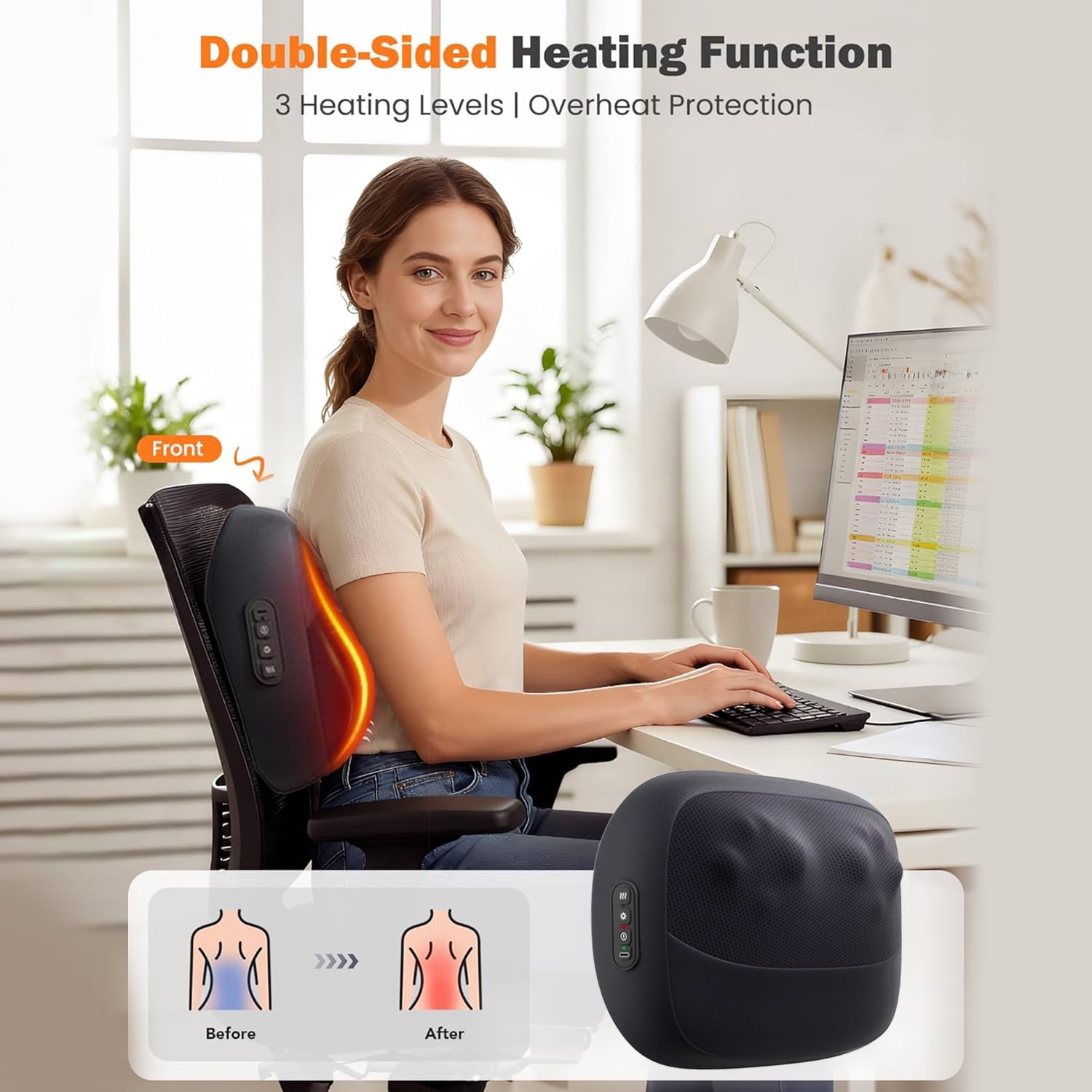 Cordless Shiatsu Back Massager - 3D Kneading Pillow with Double-Sided Heat, Neck/Shoulder/Waist/Leg Use