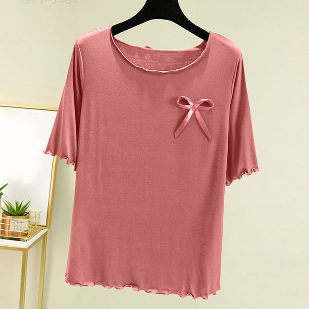 Pijama de manga corta para mujer, cuello redondo, color liso, informal, fino, interior, para el hogar, de poliéster