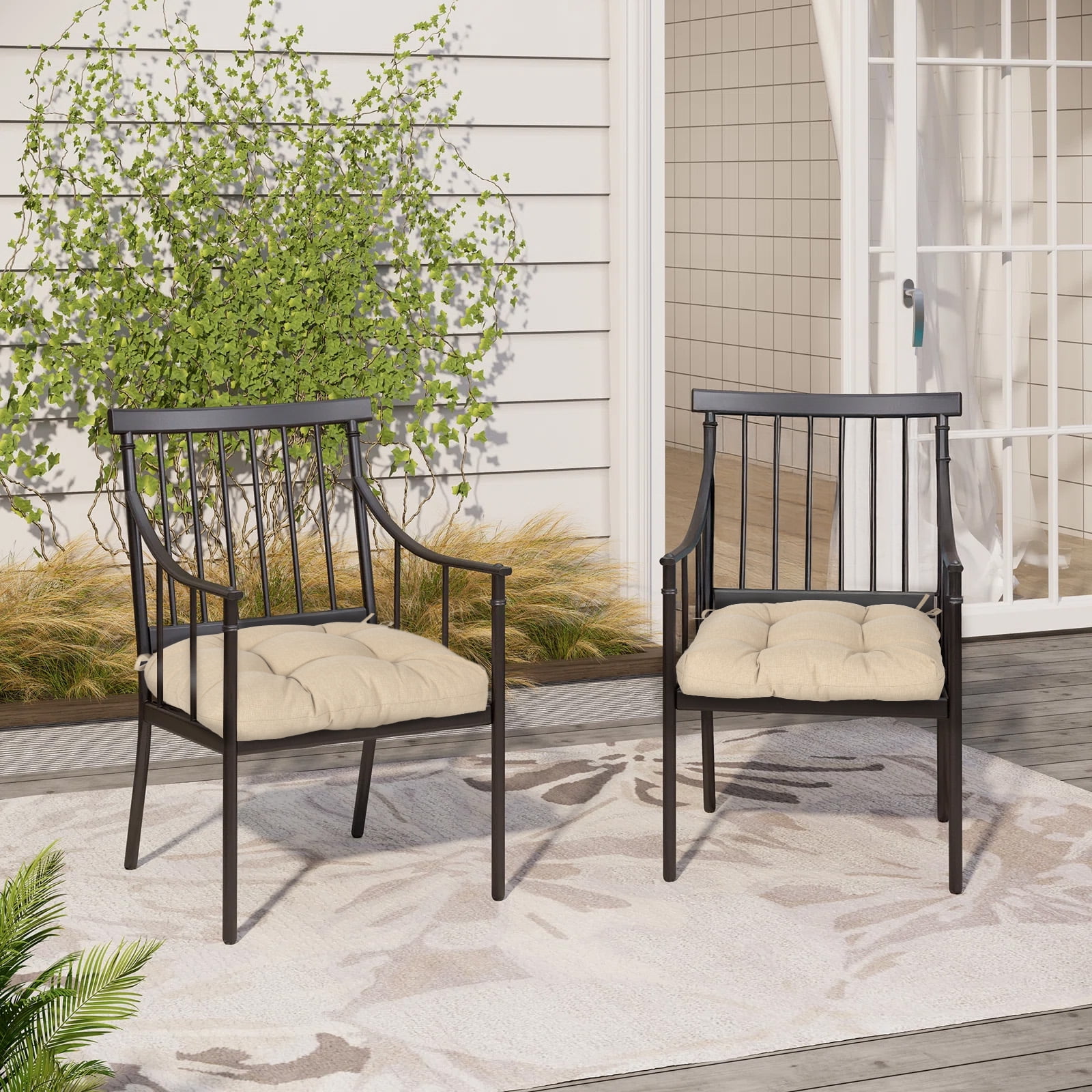 Aoodor 19x19x5 Inch Tufted Outdoor Chair Cushions, Water and Fade Resistant Polyester Dining Chair Pads with Ties for Patio Furniture, Set of 2, Khaki