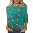 thumbnail image 2 of Cavosen Women's Tops 3/4 Sleeve Dressy Floral Graphic Print Pullover Shirts Crewneck Loose Fit Summer Blouse Vacation Trendy Tees Athletic Resort T-Shirts Plus Size Green 5XL, 2 of 5