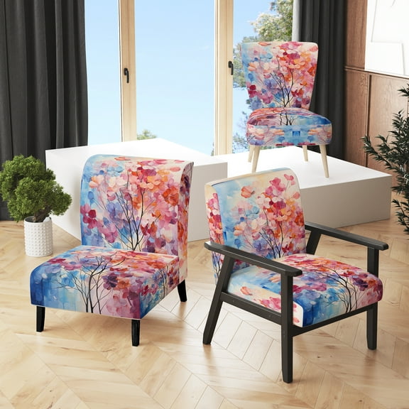 Designart "Pink And Blue Trees landscape Pointillism VI" Red Cottage Upholstered Accent Chair - Traditional Arm Chair For Bedroom