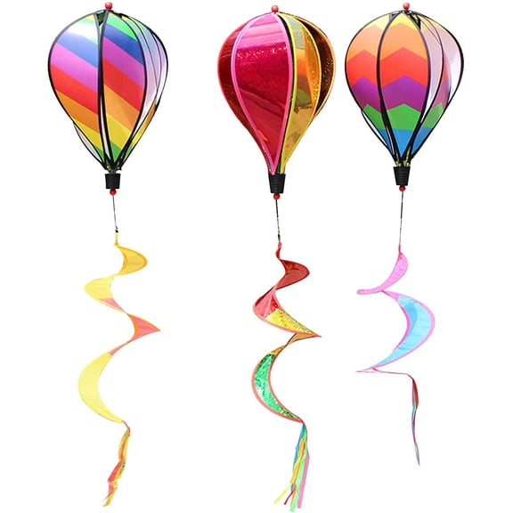 Hot Air Balloon Windmill Spinner Rainbow Windsock Includes Curlie Tail and Colorful Kinetic Hanging Decoration for Garden Yard Outdoor Decor Toy -3 Pcs