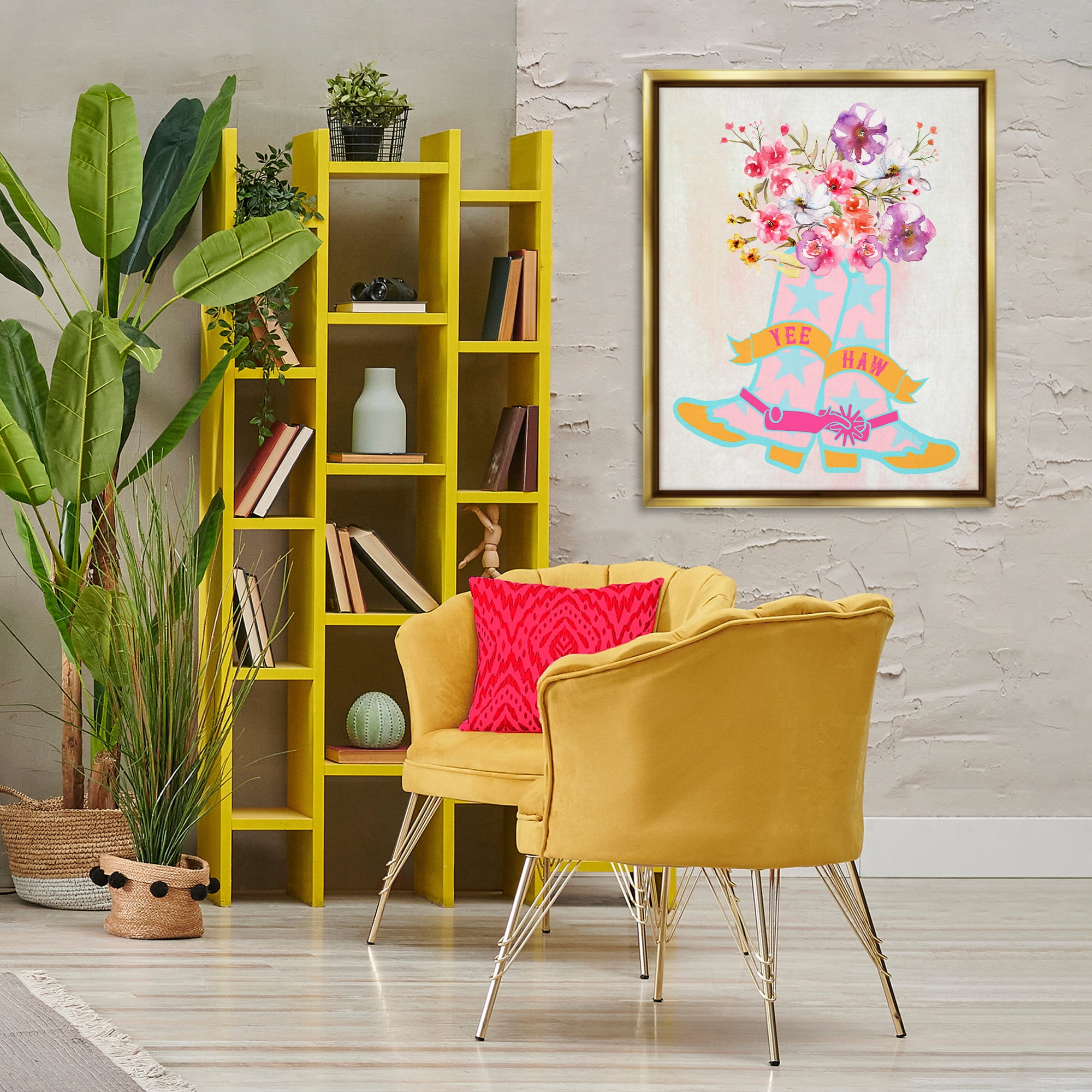 Stupell Industries Yee Haw Floral Cowgirl Plants & Flowers Painting Gold Floater Framed Canvas Art Print Wall Art, 25 x 31