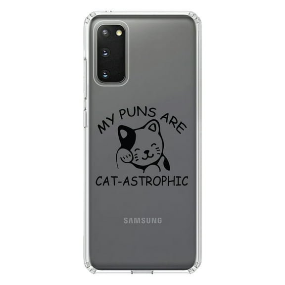 DistinctInk Clear Shockproof Hybrid Case for Galaxy S20 ULTRA / 5G (6.9" Screen) - TPU Bumper Acrylic Back Tempered Glass Screen Protector - My Puns Are Cat-Astrophic
