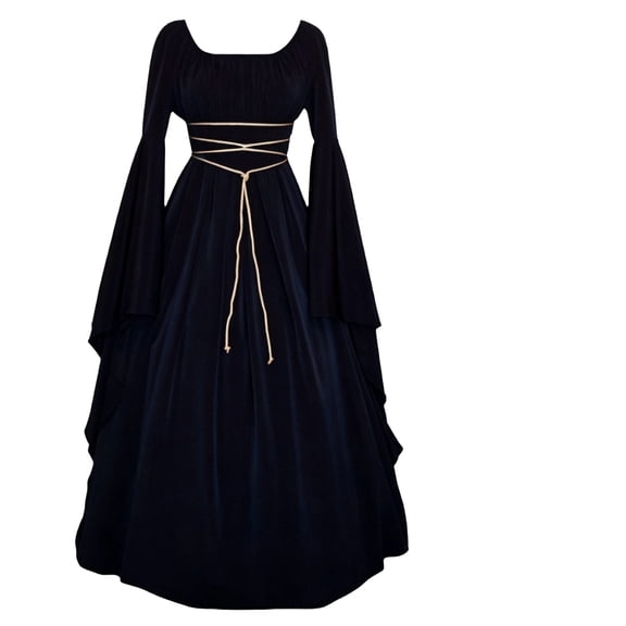 KLHDSF Renaissance Costume Women's Long Flare Sleeve Halloween Medieval Witch Dress Ideal for Ren Faire, Fairy Outfit, Princess Cosplay, Pirate Parties, Fantasy Events. Navy L