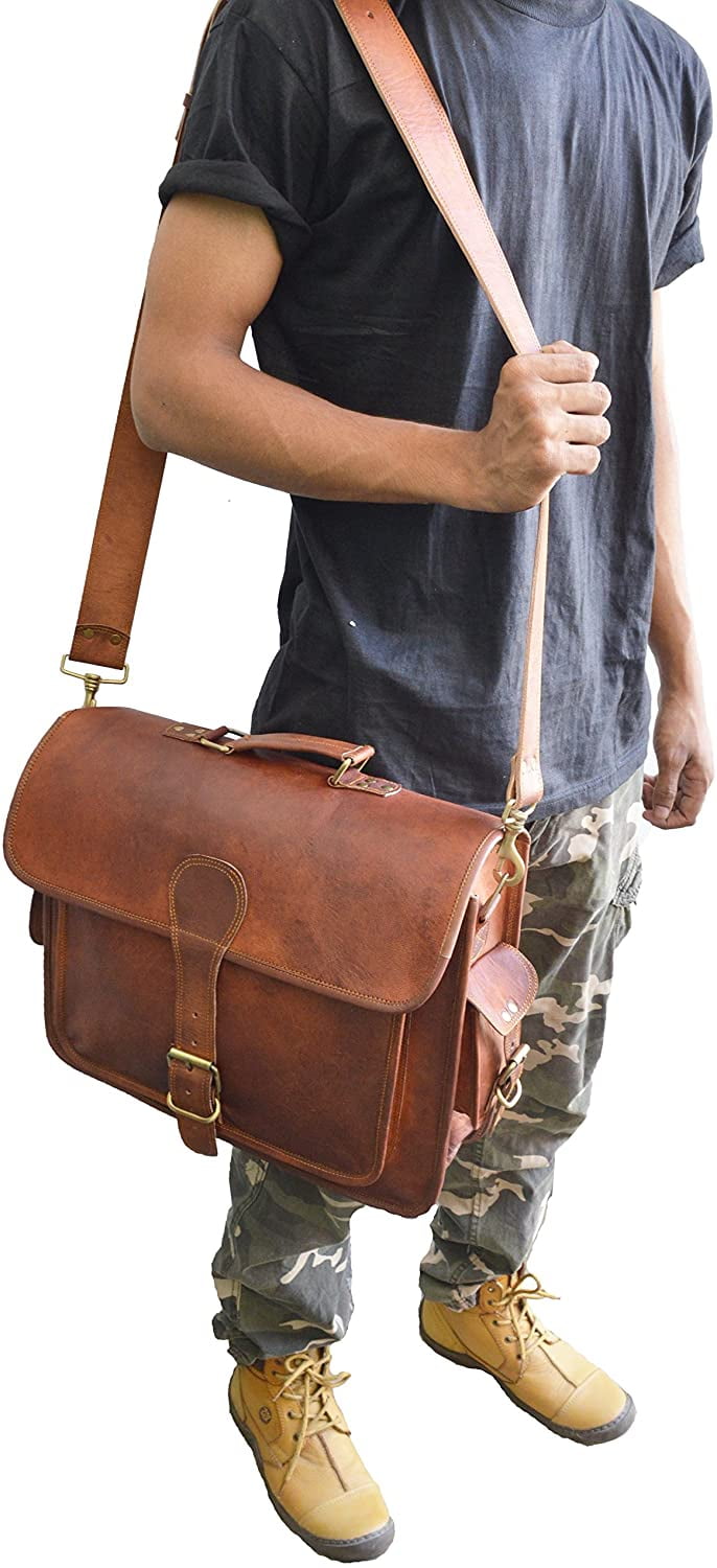 Jaald 16" Leather Messenger Bag Satchel Crossbody Laptop Briefcase Shoulder Bag Gift for Men Women Office Travel Side Purse