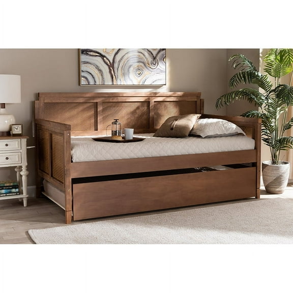 Baxton Studio Toveli Vintage French Inspired Ash Wanut Finished Wood and Synthetic Rattan Daybed with Trundle
