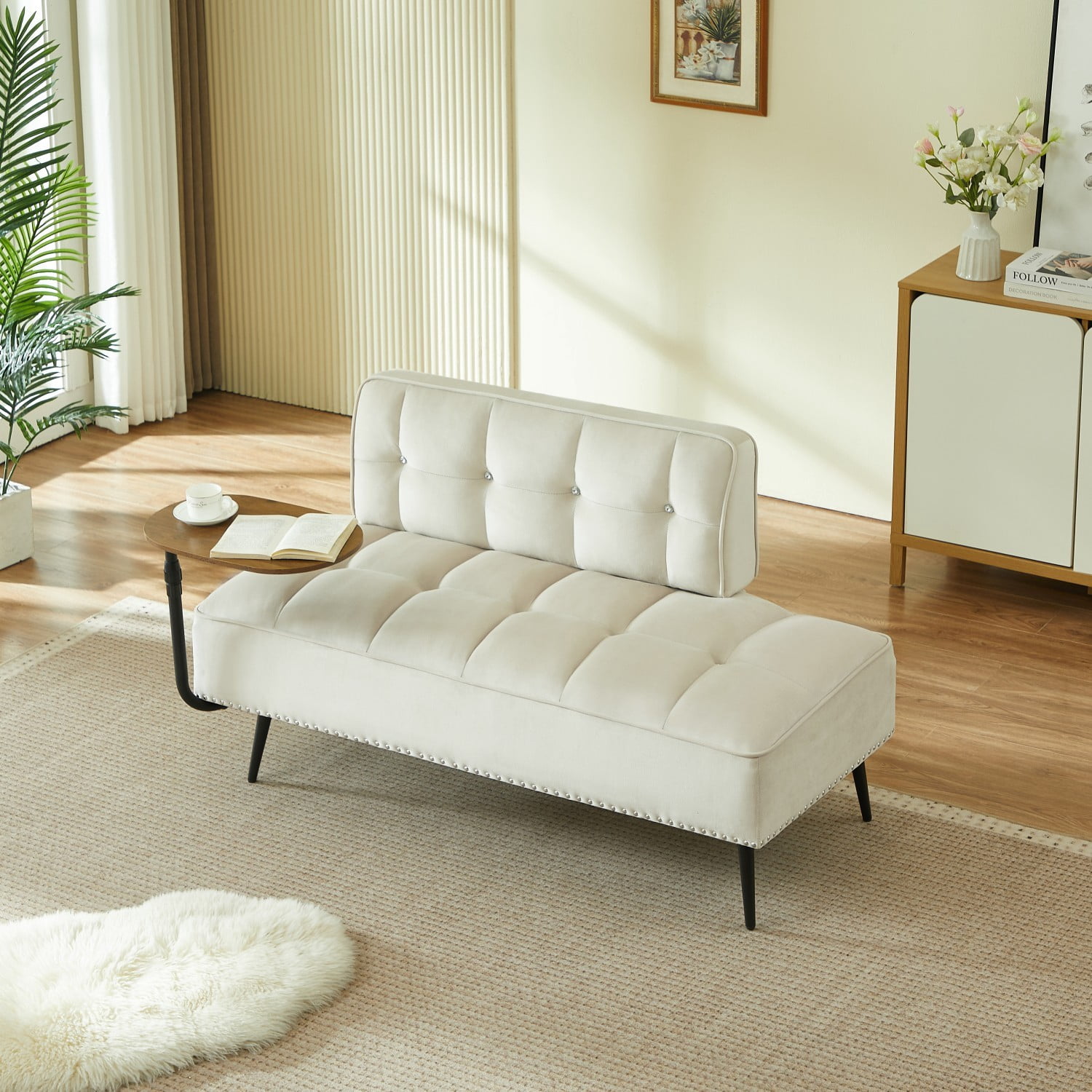 54-Inch Modern 2 Seater Velvet Sofa with 360 Rotating Side Table, Upholstered Couch with Nailhead Trim for Living Room Bedroom Apartment, Beige