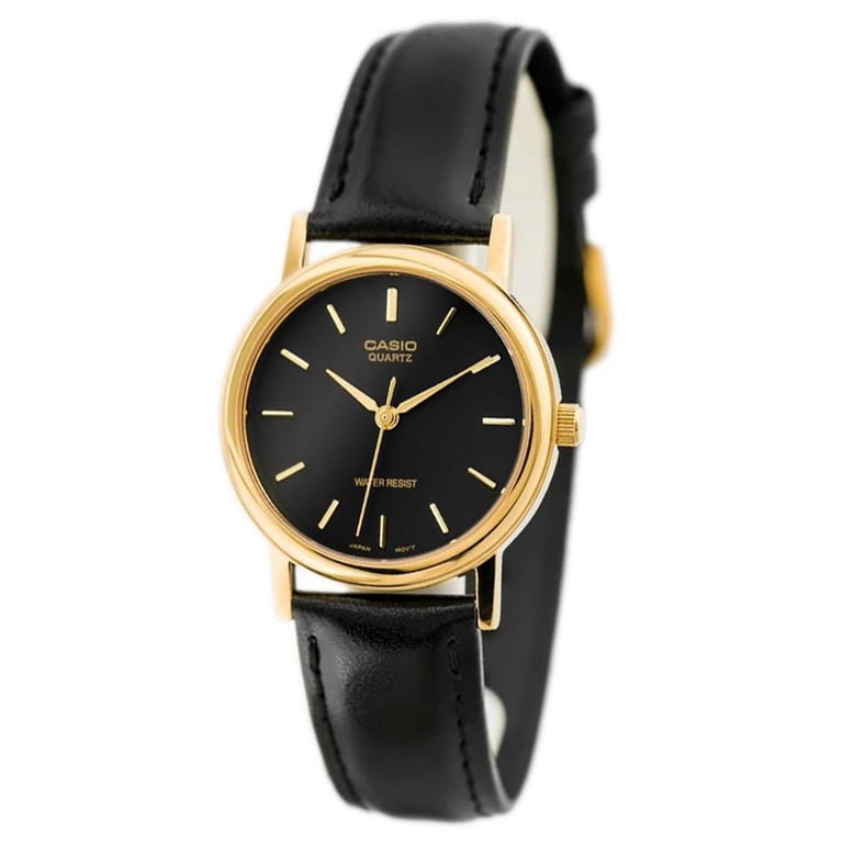 Casio Men's Quartz Gold Tone Stainless Steel/Black Leather Watch