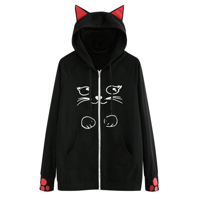 Abrigo de manga larga informal suelto con cremallera y capucha con estampado de gato para mujer Fridja BV0+360