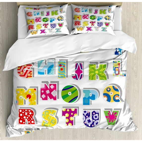 Letters Duvet Cover Set King Size, Full Alphabet with Various Designs Abstract Dots Squares Paint Splashes Pattern, Decorative 3 Piece Bedding Set with 2 Pillow Shams, Multicolor, by Ambesonne