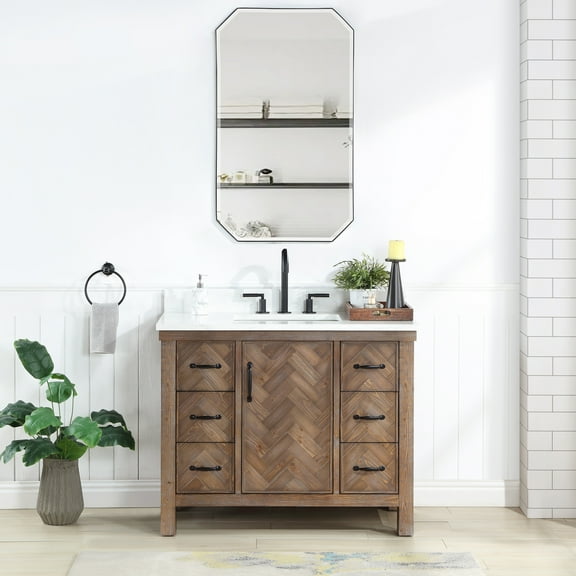 Javier 42" Bath Vanity in Spruce Antique Gray with White Grain Stone and Mirror